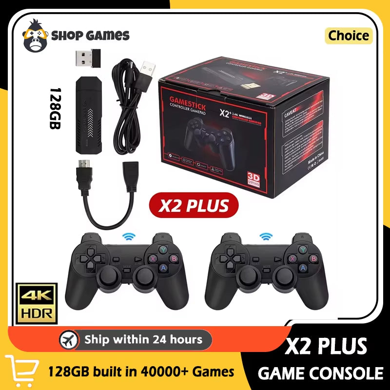 Classic Video Game Console X2 plus 128 GB Gaming Stick 4K HD Wireless Controller 30000 Games 50 Simulator Suitable for PS1/N64