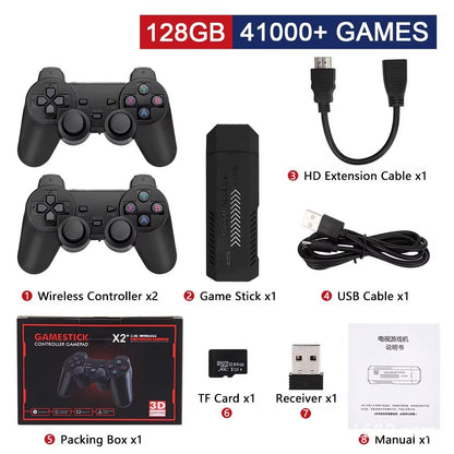 Classic Video Game Console X2 plus 128 GB Gaming Stick 4K HD Wireless Controller 30000 Games 50 Simulator Suitable for PS1/N64